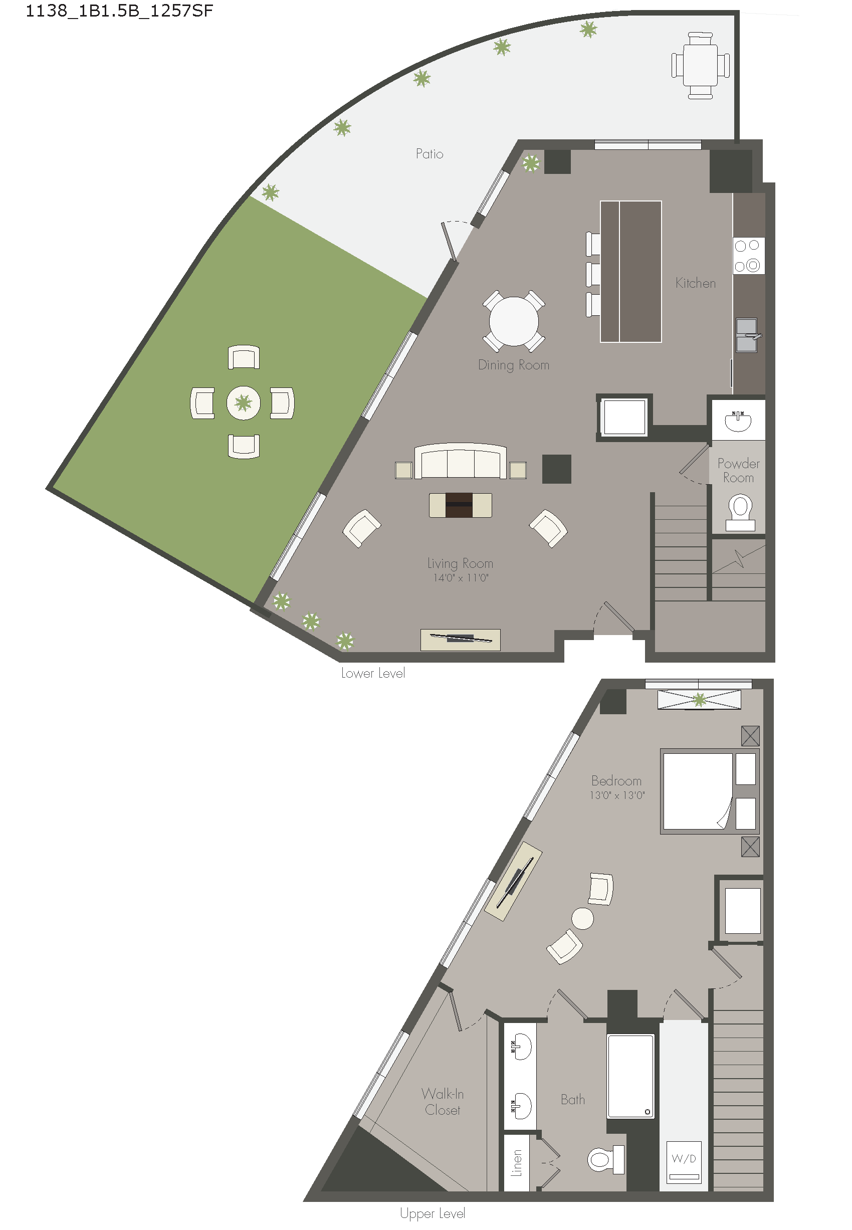 Floor plan for 1 bed, 1.5 baths, 1257 sqft